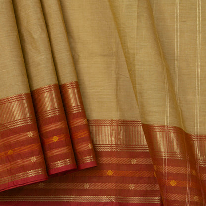 Beige, Olive And Rust Kanchi Cotton Saree With Ganga Jamuna Border For Office Wear PV MM KC 349