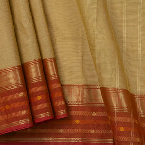Beige, Olive And Rust Kanchi Cotton Saree With Ganga Jamuna Border For Office Wear PV MM KC 349