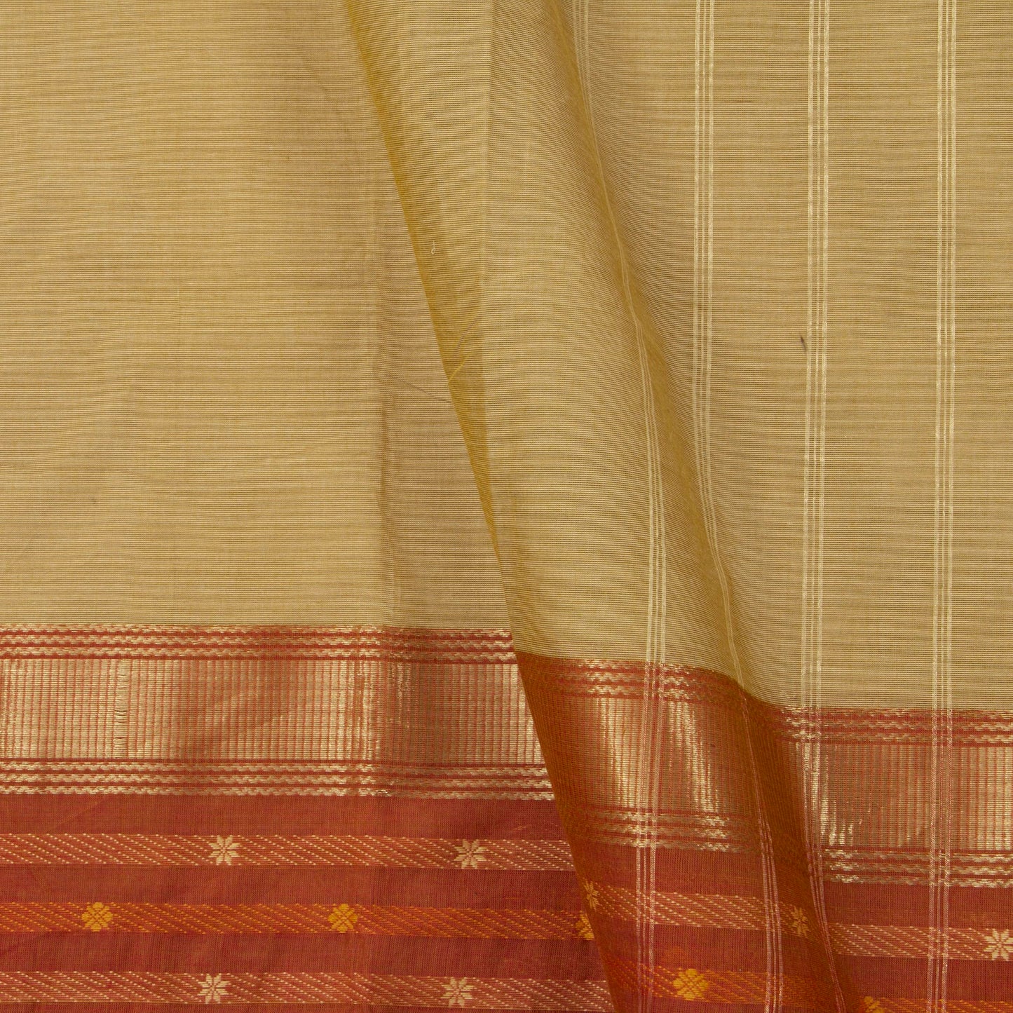 Beige, Olive And Rust Kanchi Cotton Saree With Ganga Jamuna Border For Office Wear PV MM KC 349