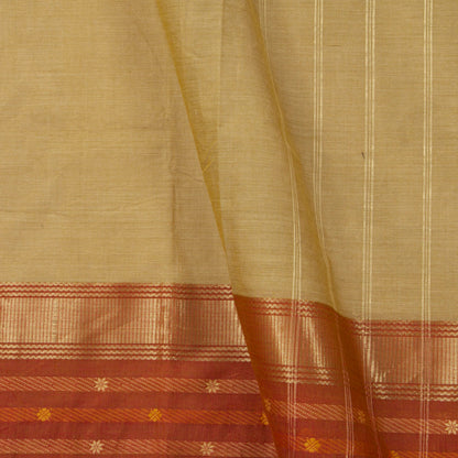 Beige, Olive And Rust Kanchi Cotton Saree With Ganga Jamuna Border For Office Wear PV MM KC 349