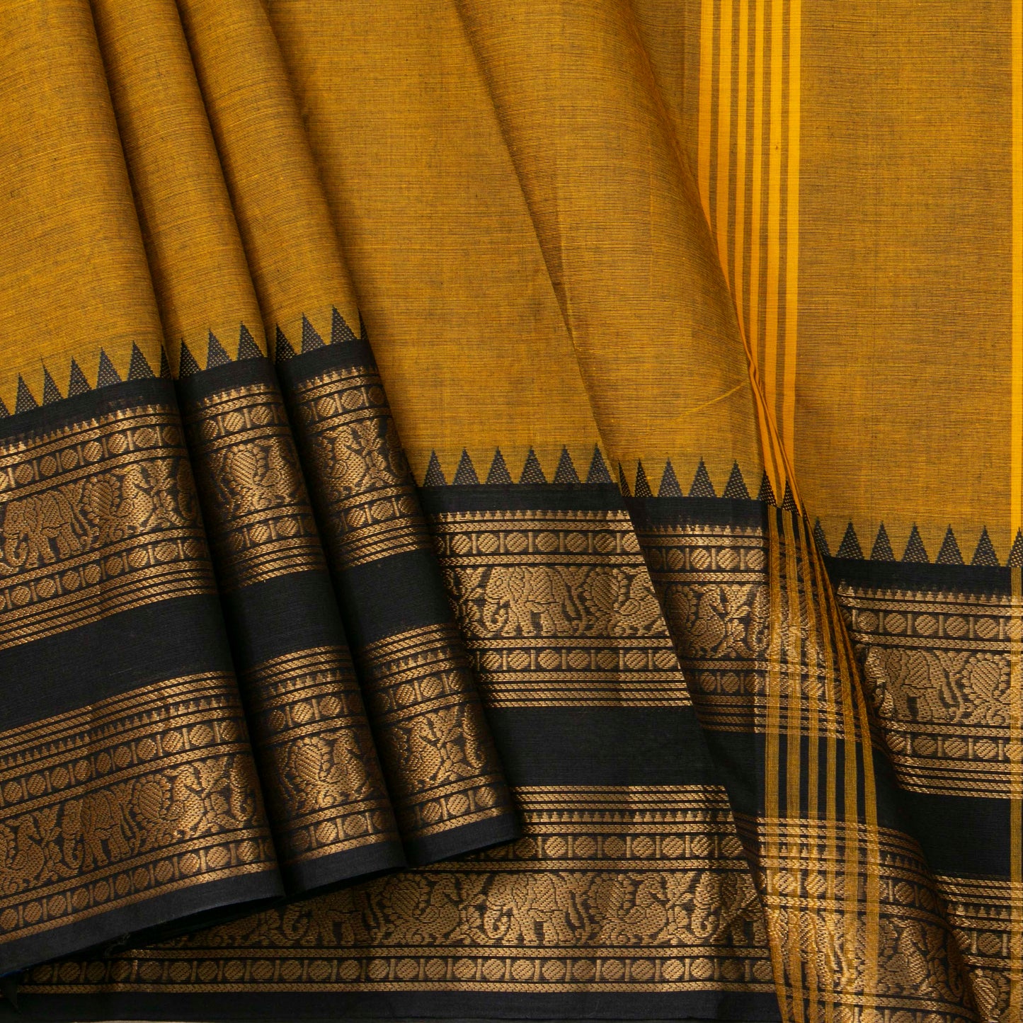 Mustard And Black Kanchi Cotton Saree For Festive Wear PV MM KC 713