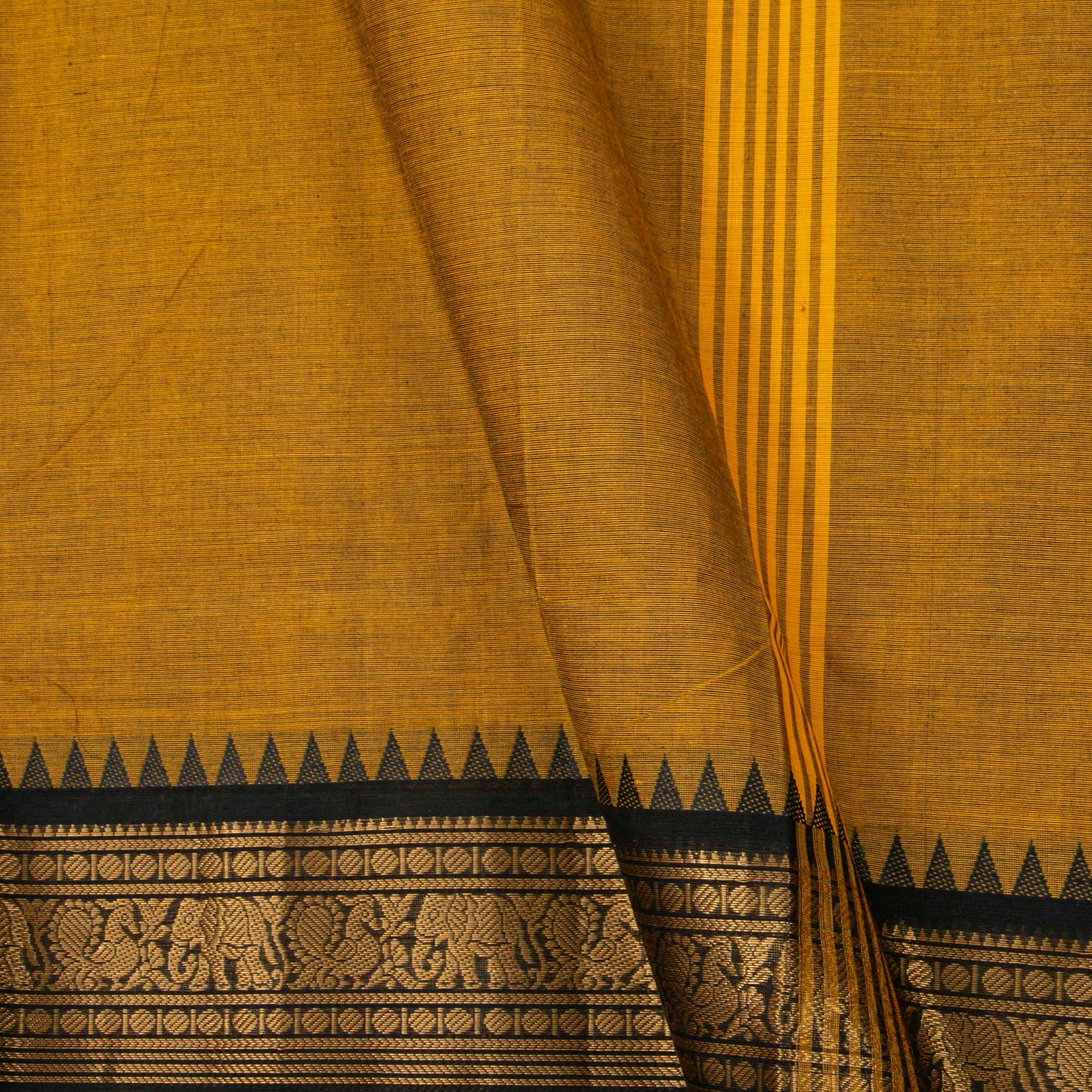 Mustard And Black Kanchi Cotton Saree For Festive Wear PV MM KC 713