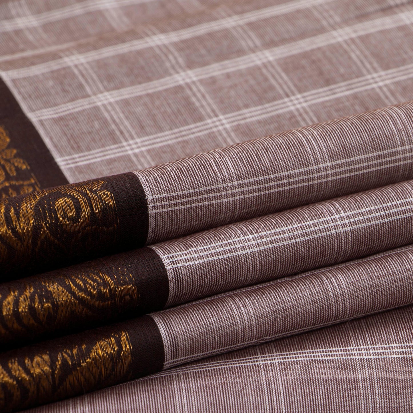Beige And Brown Checked Kanchi Cotton Saree For Office Wear PV M KC 351