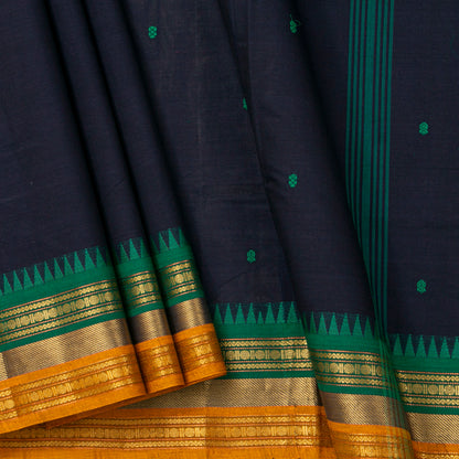 Navy Blue And Green Kanchi Cotton Saree For Festive Wear PV MM KC 792