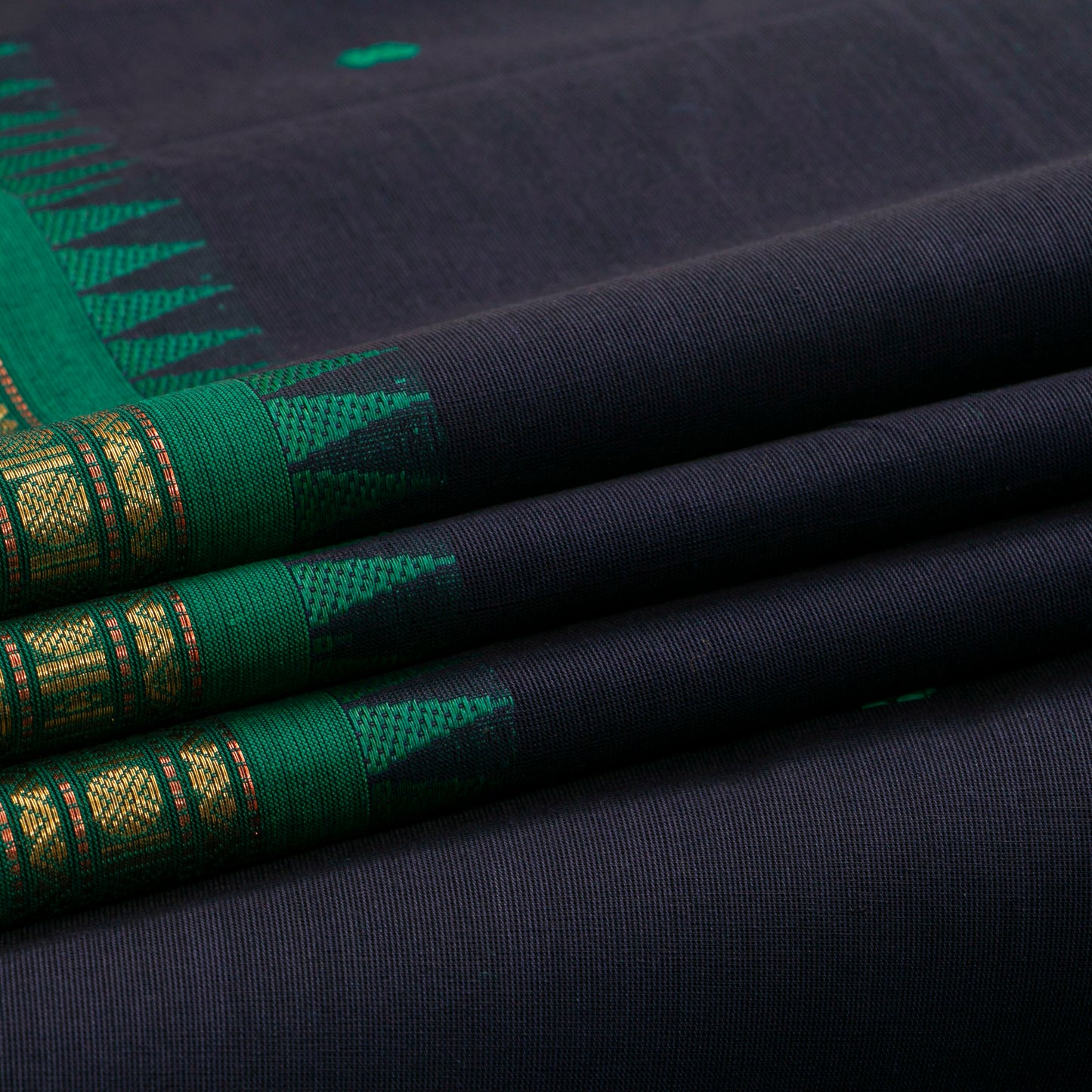 Navy Blue And Green Kanchi Cotton Saree For Festive Wear PV MM KC 792