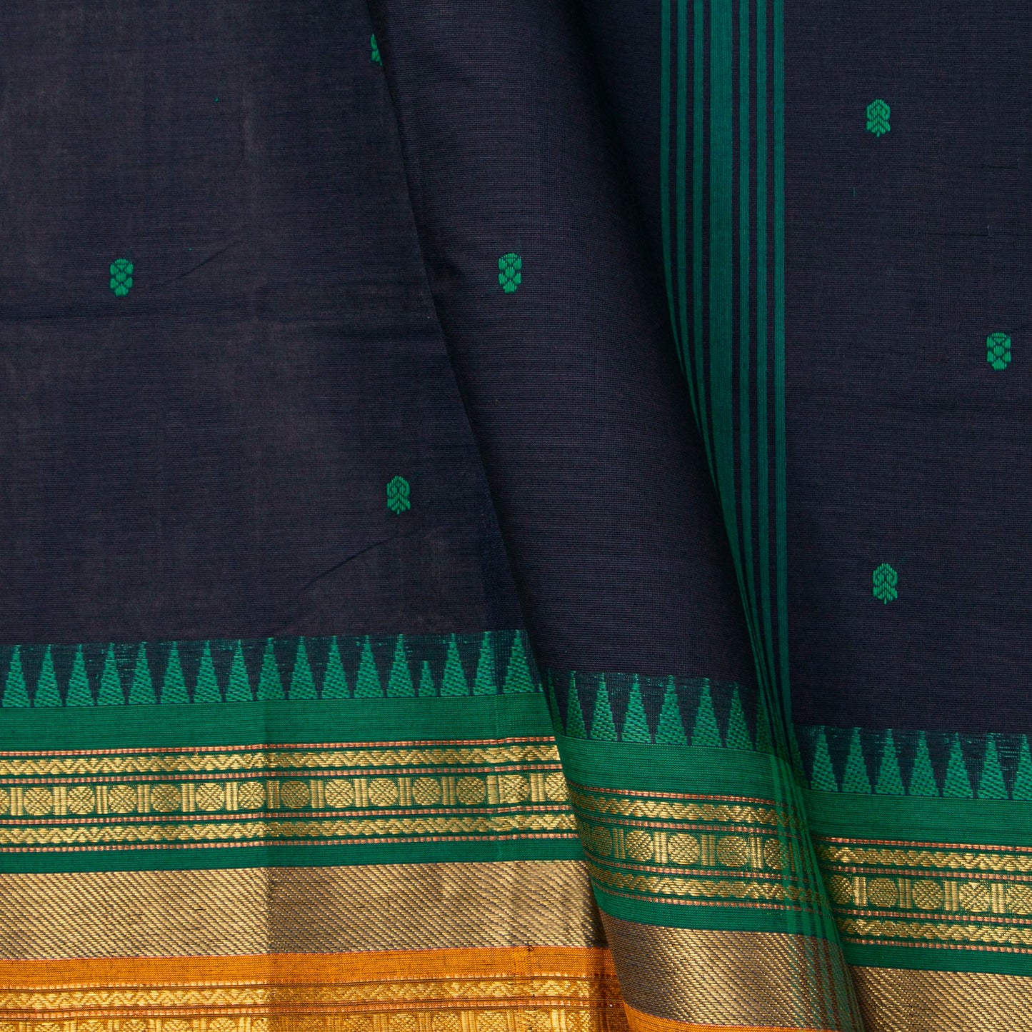 Navy Blue And Green Kanchi Cotton Saree For Festive Wear PV MM KC 792