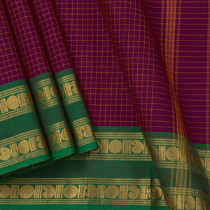 Purple And Green Kanchi Cotton Saree With Checks For Festive Wear PV MM KC 363
