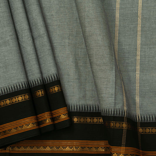 Grey And Black Kanchi Cotton Saree With Temple Border For Office Wear PV MM KC 326 - Cotton Saree - Panjavarnam PV MM KC 326