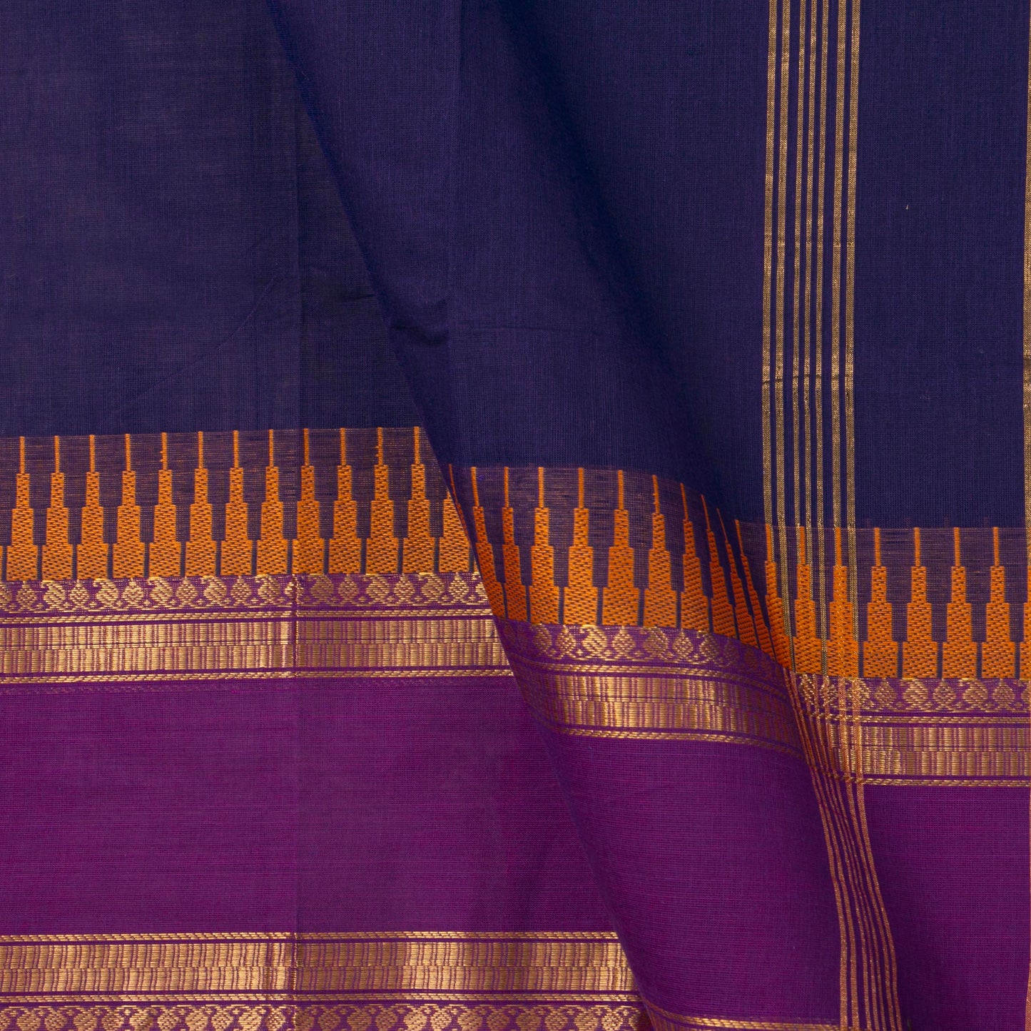 Navy Blue And Magenta Kanchi Cotton Saree For Festive Wear PV MM KC 356