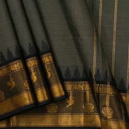 Grey And Black Kanchi Cotton Saree For Office Wear PV MM KC 359