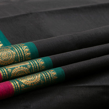 Black And Teal Kanchi Cotton Saree For Festive Wear PV MM KC 731 - Cotton Saree - Panjavarnam PV MM KC 731
