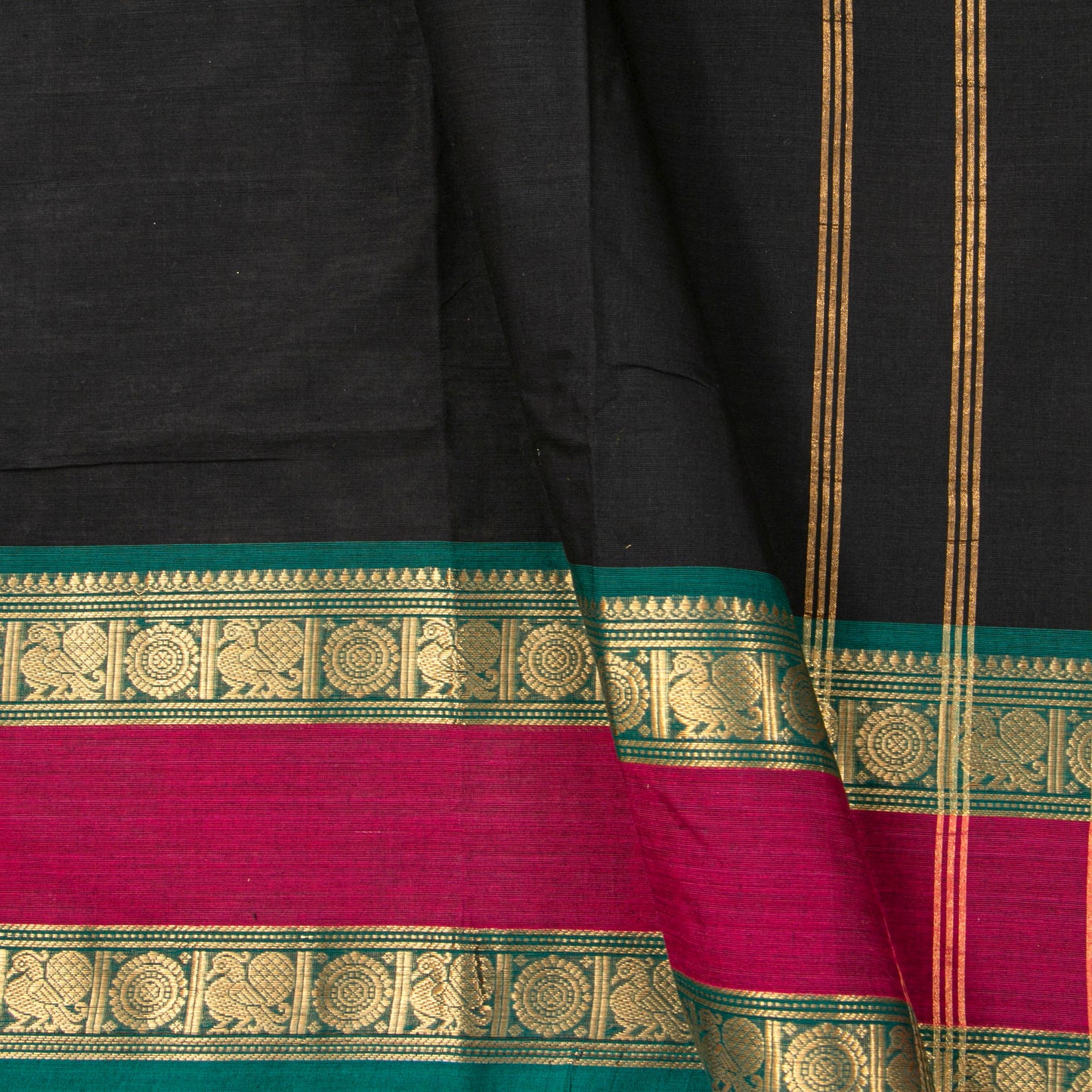 Black And Teal Kanchi Cotton Saree For Festive Wear PV MM KC 731 - Cotton Saree - Panjavarnam PV MM KC 731