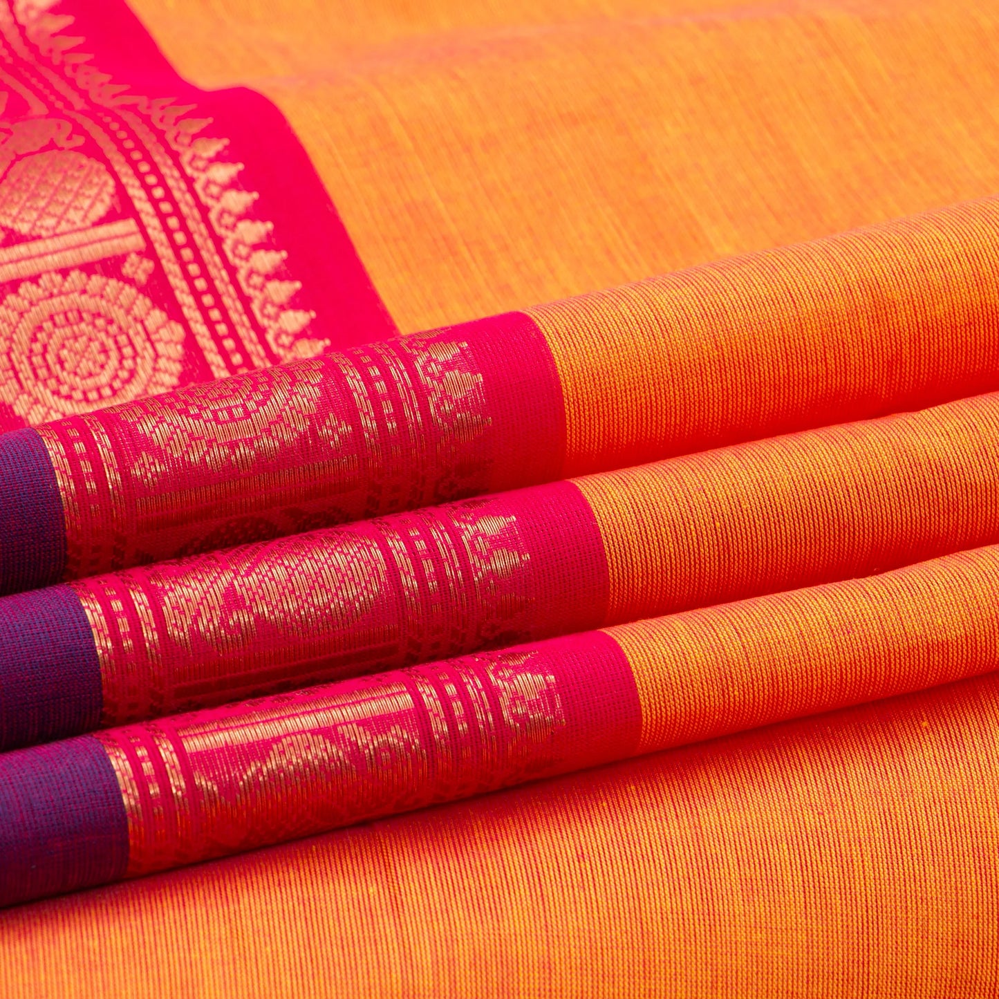 Orange And Purple Kanchi Cotton Saree For Festive Wear PV MM KC 381 - Cotton Saree - Panjavarnam PV MM KC 381