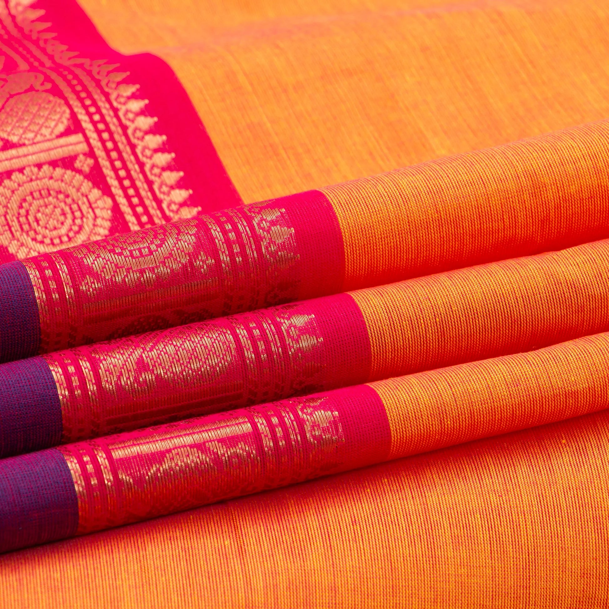 Orange And Purple Kanchi Cotton Saree For Festive Wear PV MM KC 381 - Cotton Saree - Panjavarnam PV MM KC 381