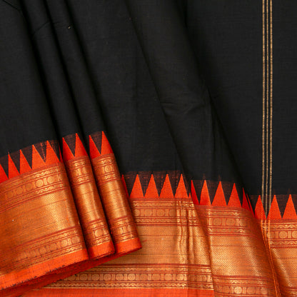 Black And Orange Kanchi Cotton Saree For Festive Wear PV MM KC 709 - Cotton Saree - Panjavarnam PV MM KC 709