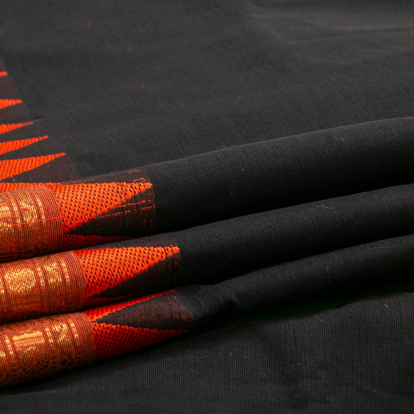Black And Orange Kanchi Cotton Saree For Festive Wear PV MM KC 709 - Cotton Saree - Panjavarnam PV MM KC 709
