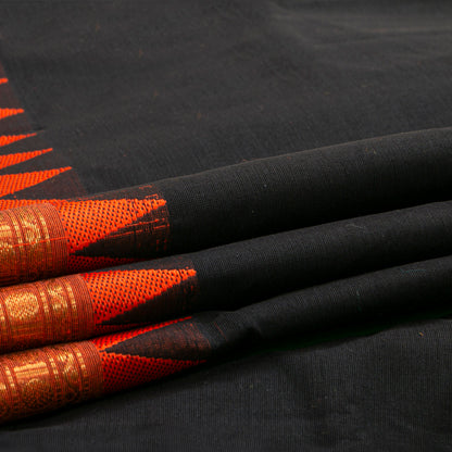 Black And Orange Kanchi Cotton Saree For Festive Wear PV MM KC 709 - Cotton Saree - Panjavarnam PV MM KC 709