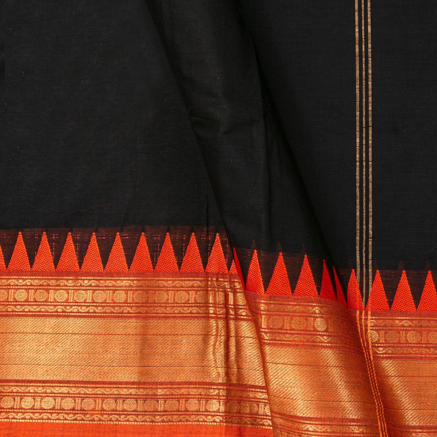 Black And Orange Kanchi Cotton Saree For Festive Wear PV MM KC 709 - Cotton Saree - Panjavarnam PV MM KC 709