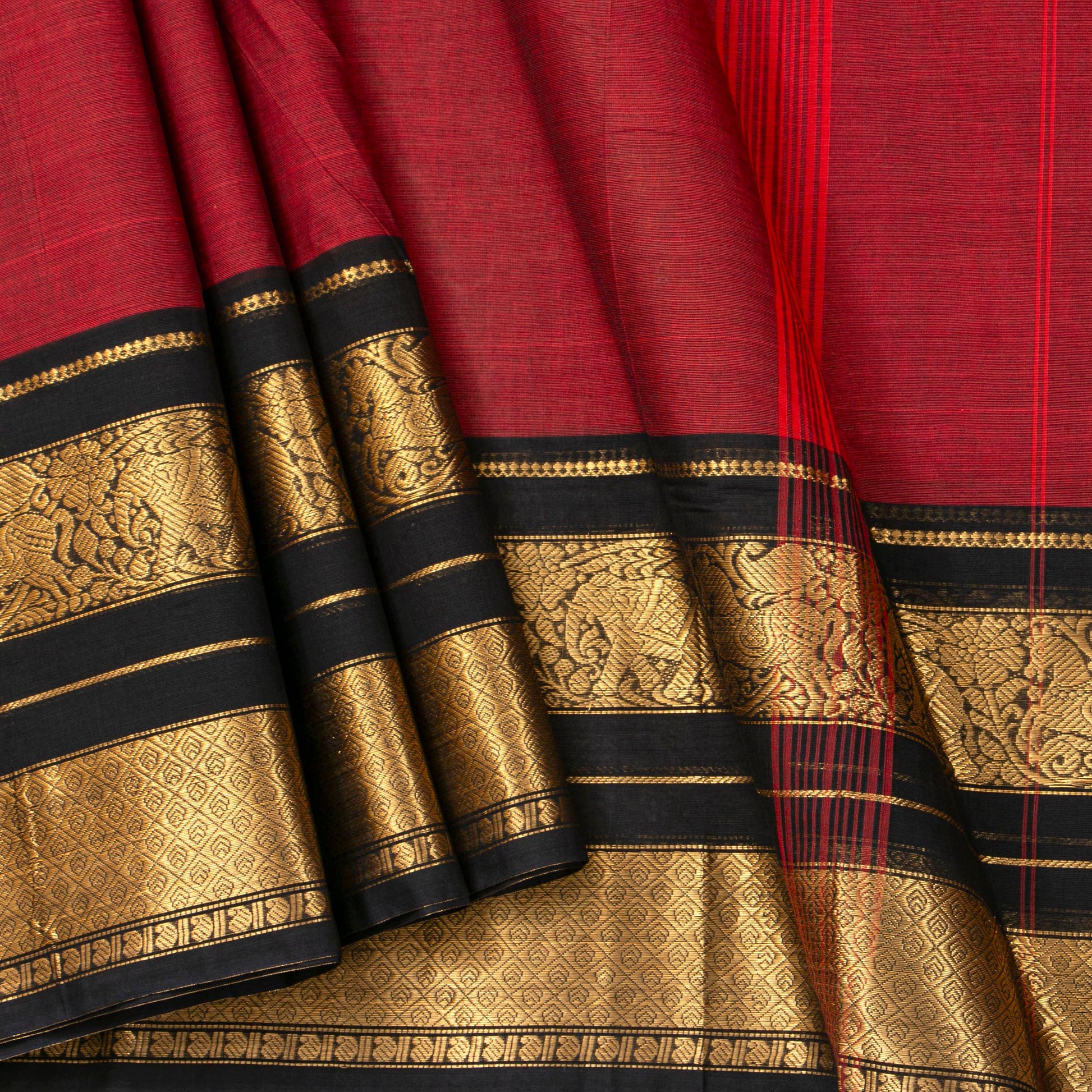 Maroon And Black Kanchi Cotton Saree For Festive Wear PV MM KC 714 - Cotton Saree - Panjavarnam PV MM KC 714