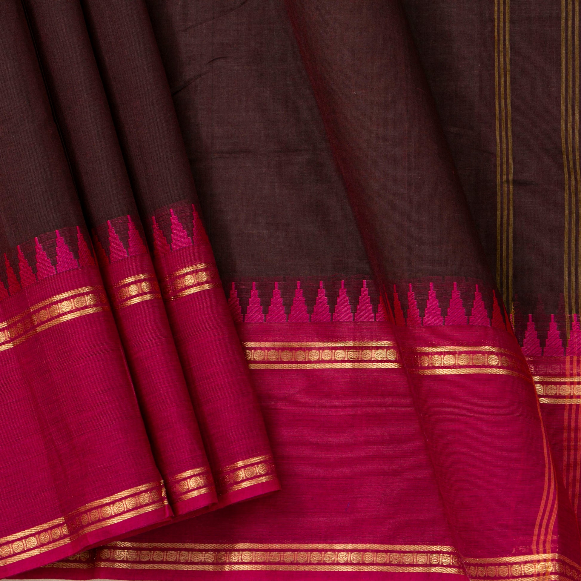 Brown Kanchi Cotton Saree Ganga Jamuna Border For Festive Wear PV MM KC 735 - Cotton Saree - Panjavarnam PV MM KC 735