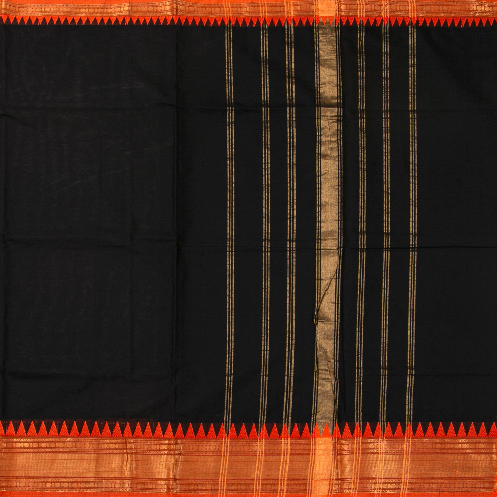 Black And Orange Kanchi Cotton Saree For Festive Wear PV MM KC 709 - Cotton Saree - Panjavarnam PV MM KC 709