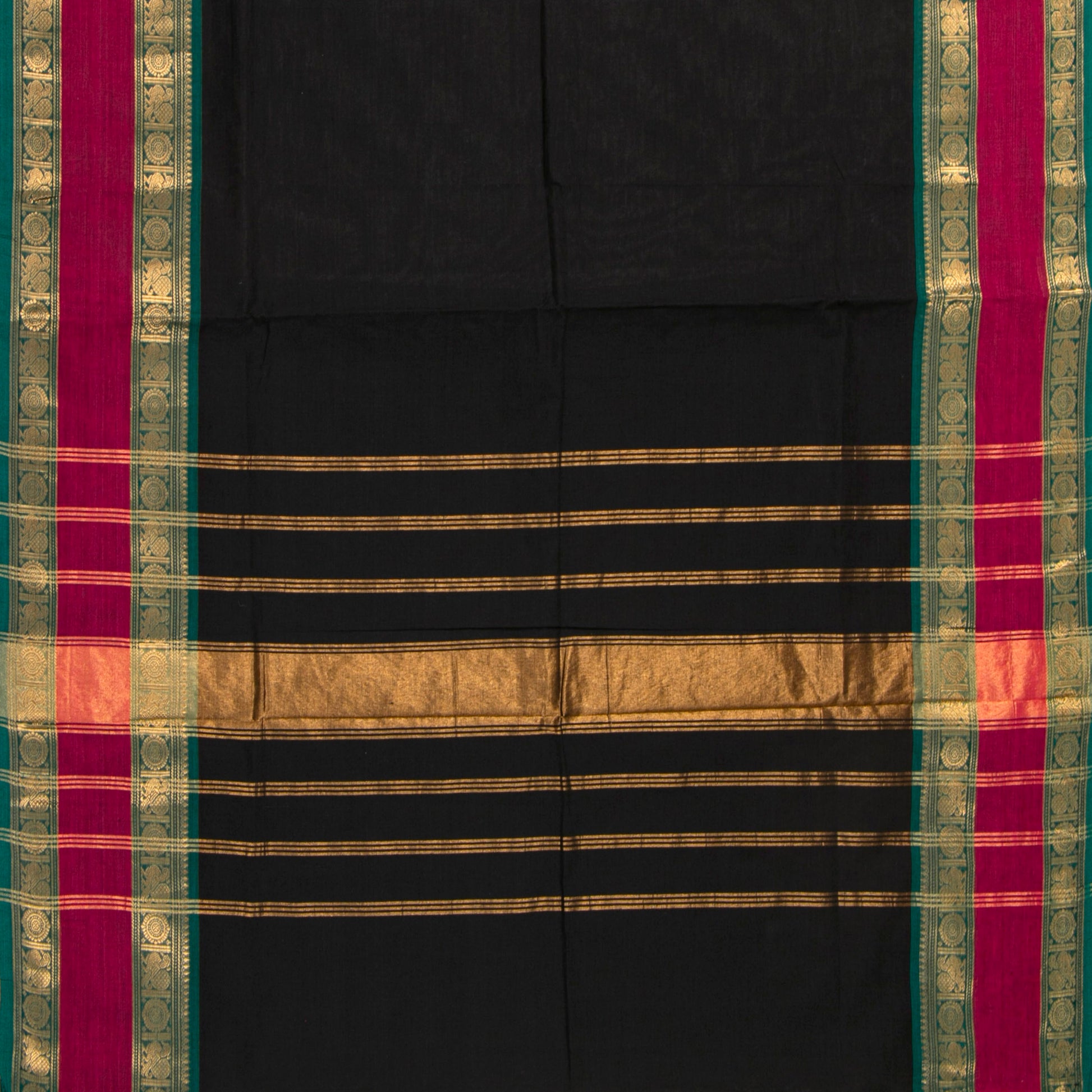 Black And Teal Kanchi Cotton Saree For Festive Wear PV MM KC 731 - Cotton Saree - Panjavarnam PV MM KC 731