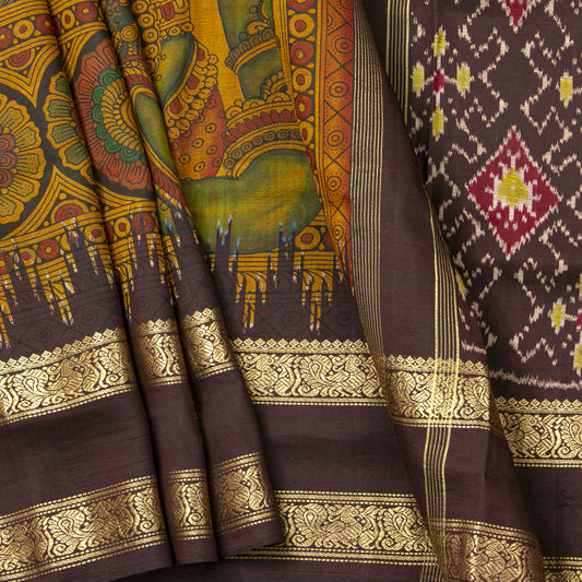Lord Ganesha Themed Handpainted Kalamkari Kanchipuram Silk Saree For Festive Wear PV KAI IKS 105 - Kalamkari Silk - Panjavarnam PV KAI IKS 105