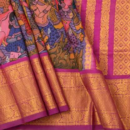Village Life Themed Handpainted Kalamkari Kanchipuram Silk Saree For Office Wear PV KAI KGS 103