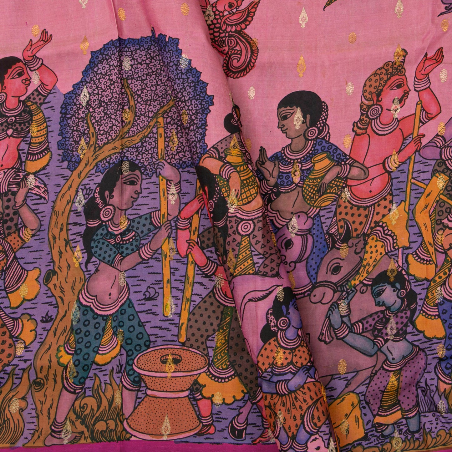 Village Life Themed Handpainted Kalamkari Kanchipuram Silk Saree For Office Wear PV KAI KGS 103