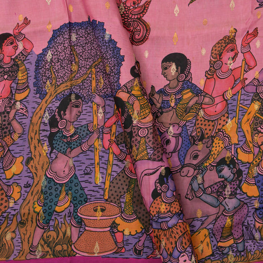 Village Life Themed Handpainted Kalamkari Kanchipuram Silk Saree For Office Wear PV KAI KGS 103