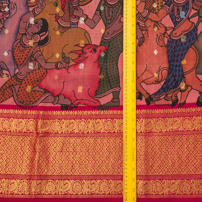 Pink and Red Handpainted Kalamkari Kanchipuram Silk Saree With Village Marketplace Theme For Festive Wear PV KAI KGS 101