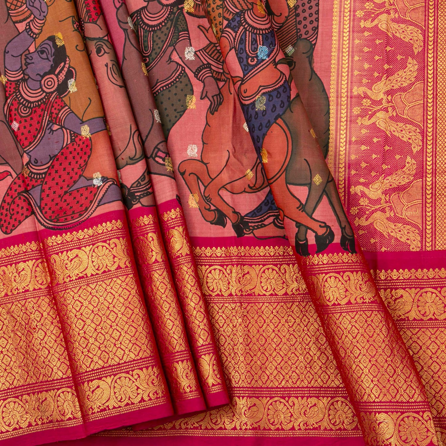 Pink and Red Handpainted Kalamkari Kanchipuram Silk Saree With Village Marketplace Theme For Festive Wear PV KAI KGS 101