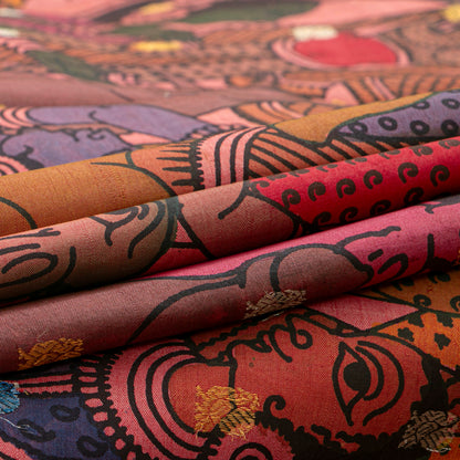 Pink and Red Handpainted Kalamkari Kanchipuram Silk Saree With Village Marketplace Theme For Festive Wear PV KAI KGS 101