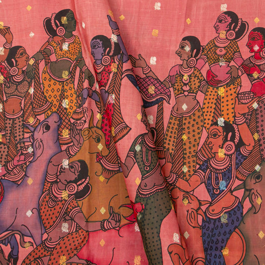 Pink and Red Handpainted Kalamkari Kanchipuram Silk Saree With Village Marketplace Theme For Festive Wear PV KAI KGS 101
