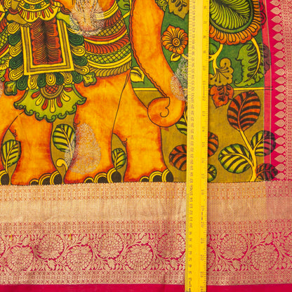 Krishna And Radha In Rasa Leela Themed Handpainted Kalamkari Kanchipuram Silk Saree For Festive Wear PV KAI KGS 104