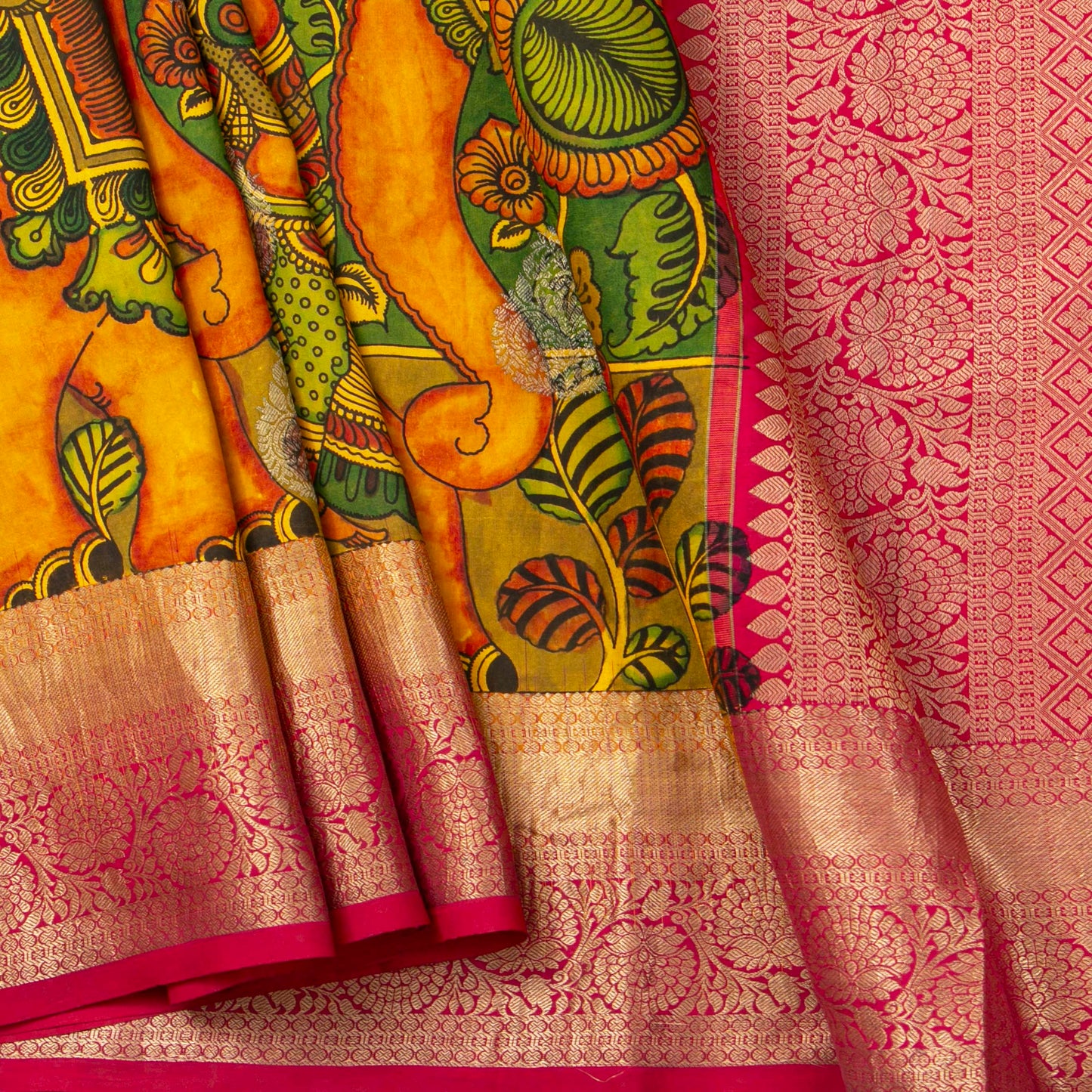 Krishna And Radha In Rasa Leela Themed Handpainted Kalamkari Kanchipuram Silk Saree For Festive Wear PV KAI KGS 104