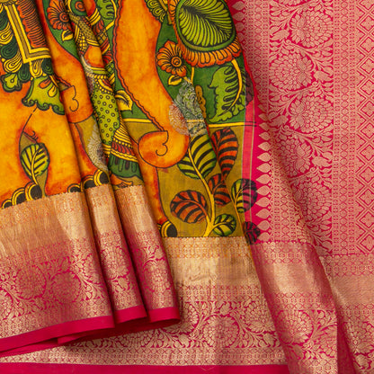 Krishna And Radha In Rasa Leela Themed Handpainted Kalamkari Kanchipuram Silk Saree For Festive Wear PV KAI KGS 104