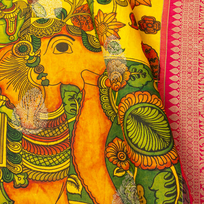 Krishna And Radha In Rasa Leela Themed Handpainted Kalamkari Kanchipuram Silk Saree For Festive Wear PV KAI KGS 104