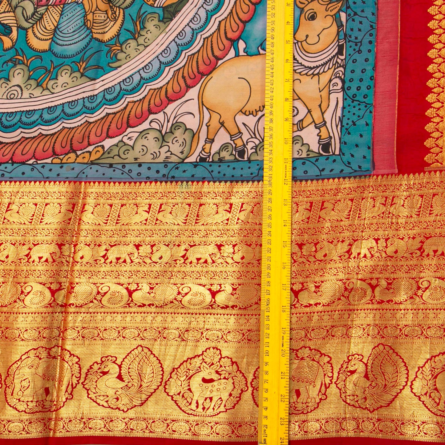 Krishna Leela Themed Blue And Red Handpainted Kalamkari Kanchipuram Silk Saree For Festive Wear PV KAI KK 102