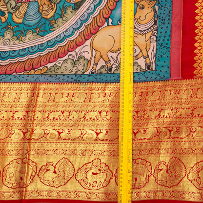 Krishna Leela Themed Blue And Red Handpainted Kalamkari Kanchipuram Silk Saree For Festive Wear PV KAI KK 102