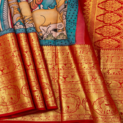 Krishna Leela Themed Blue And Red Handpainted Kalamkari Kanchipuram Silk Saree For Festive Wear PV KAI KK 102