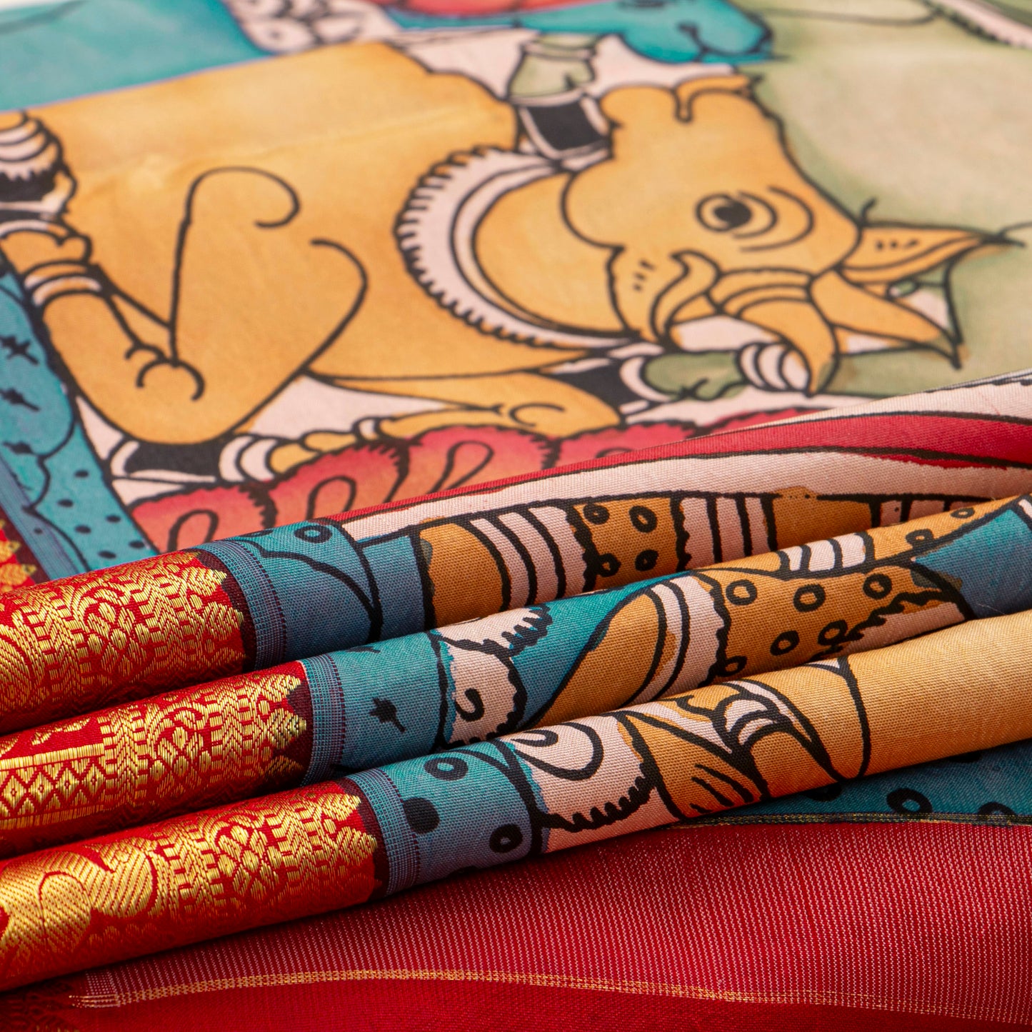 Krishna Leela Themed Blue And Red Handpainted Kalamkari Kanchipuram Silk Saree For Festive Wear PV KAI KK 102