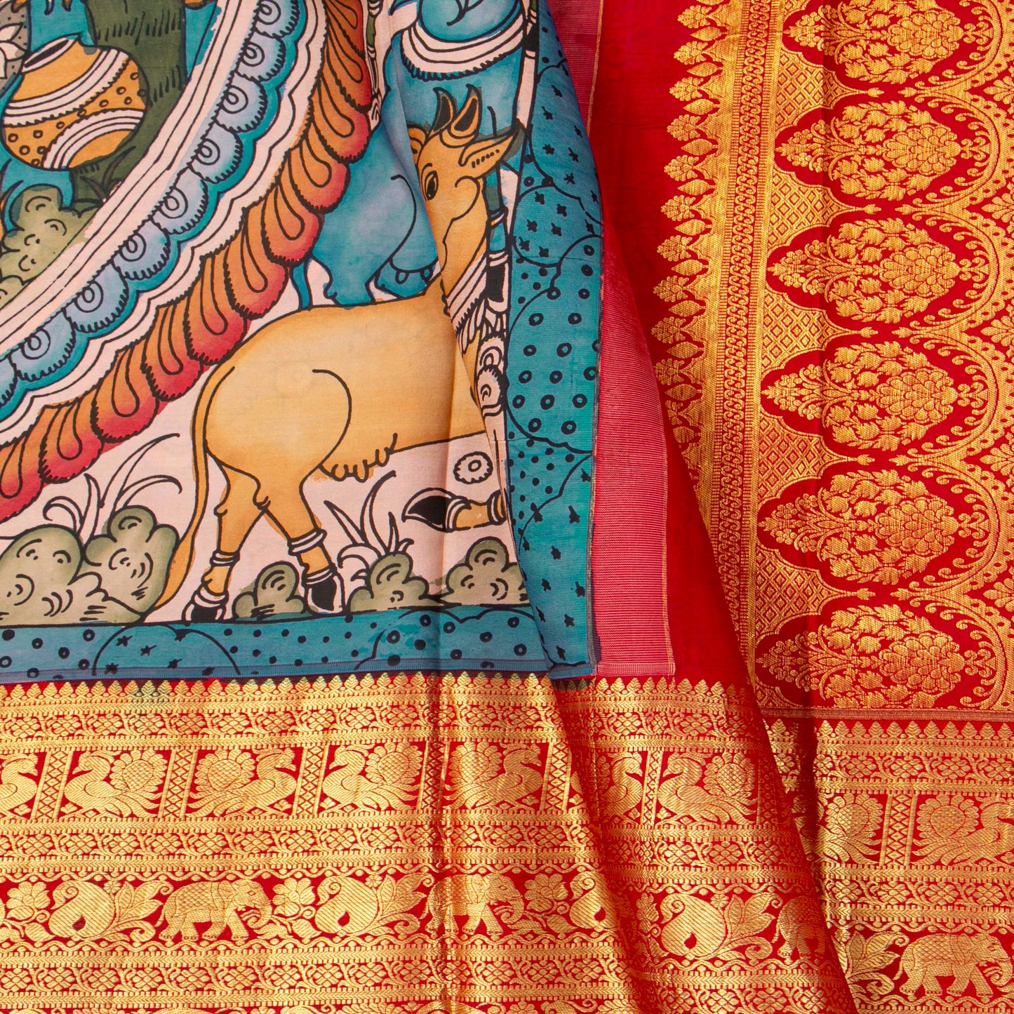 Krishna Leela Themed Blue And Red Handpainted Kalamkari Kanchipuram Silk Saree For Festive Wear PV KAI KK 102