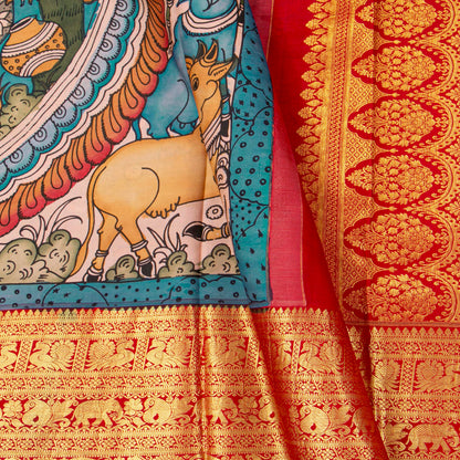 Krishna Leela Themed Blue And Red Handpainted Kalamkari Kanchipuram Silk Saree For Festive Wear PV KAI KK 102