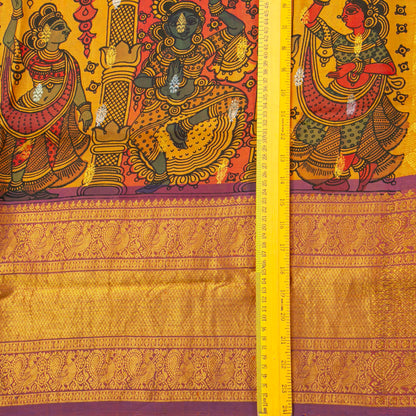Lord Krishna's Triumph Themed Handpainted Kalamkari Kanchipuram Silk Saree For Festive Wear PV KAI KGS 102