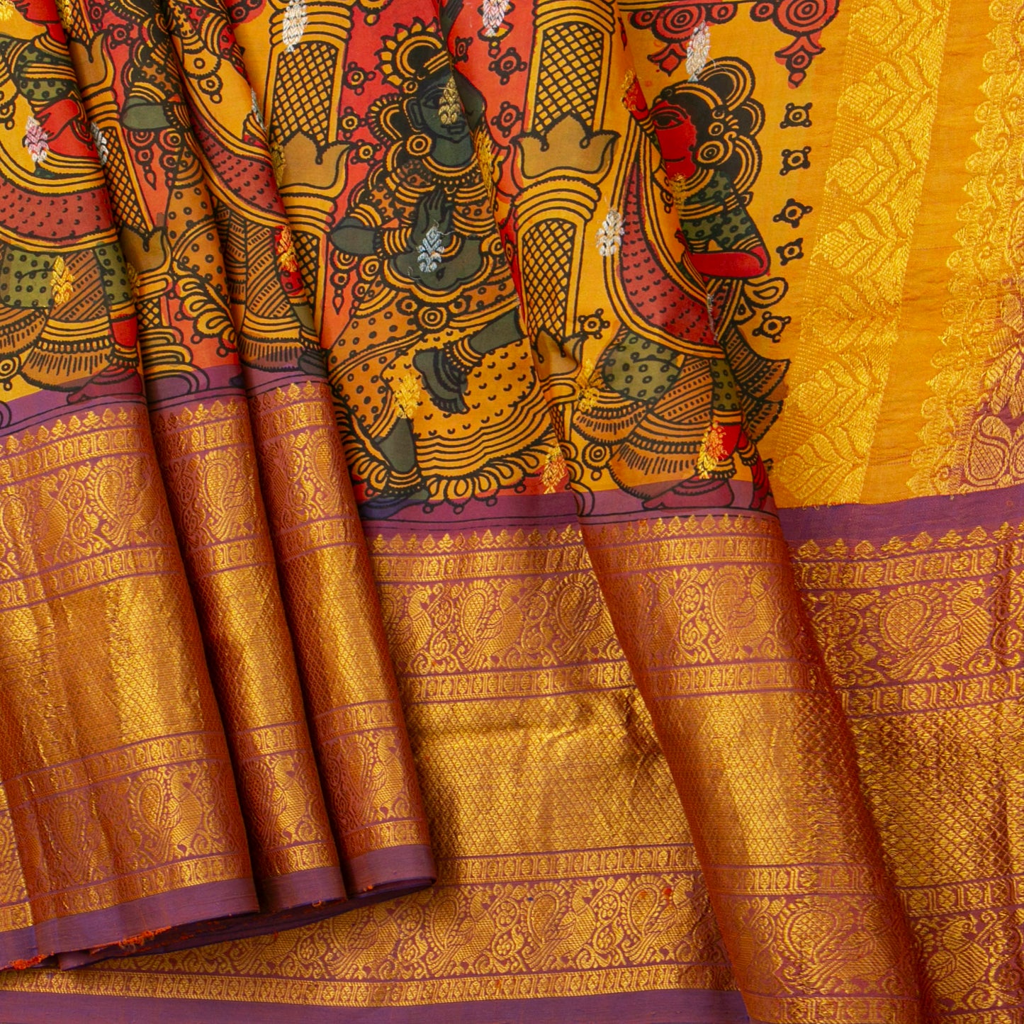 Lord Krishna's Triumph Themed Handpainted Kalamkari Kanchipuram Silk Saree For Festive Wear PV KAI KGS 102