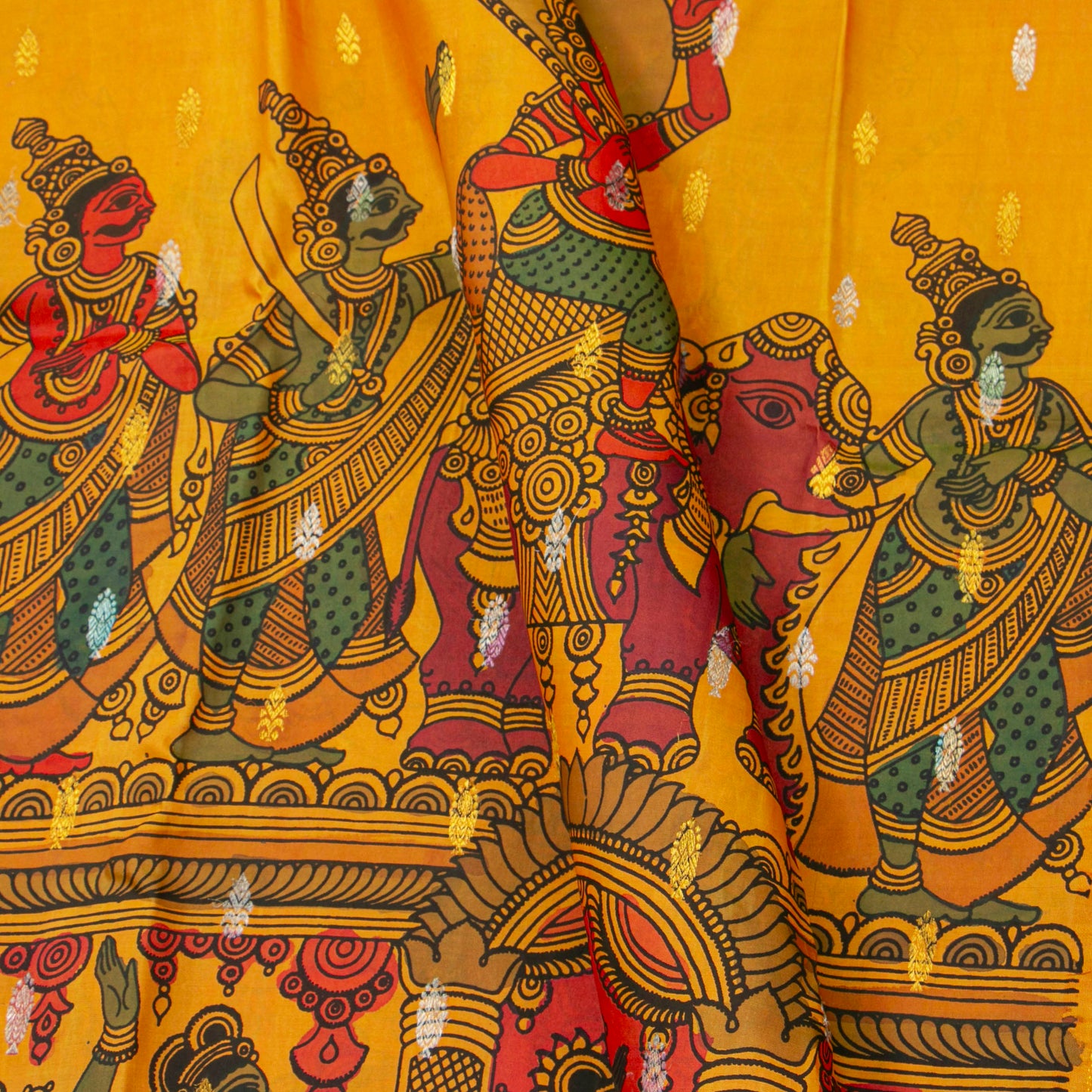 Lord Krishna's Triumph Themed Handpainted Kalamkari Kanchipuram Silk Saree For Festive Wear PV KAI KGS 102