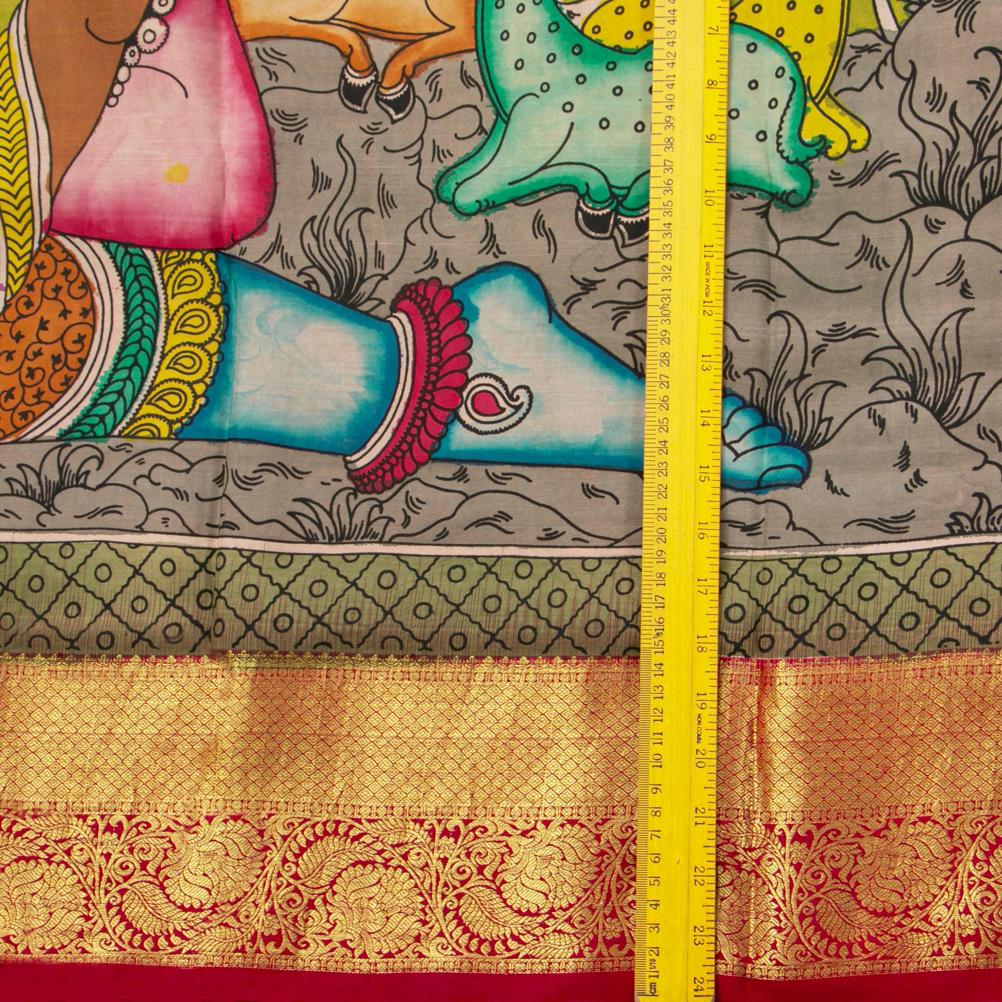 Krishna And Radha In Kunjavan Leela Handpainted Kalamkari Kanchipuram Silk Saree For Festive Wear PV KAI KK 103 - Kalamkari Silk - Panjavarnam PV KAI KK 103