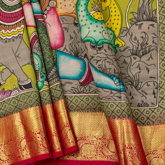 Krishna And Radha In Kunjavan Leela Handpainted Kalamkari Kanchipuram Silk Saree For Festive Wear PV KAI KK 103