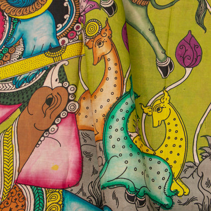 Krishna And Radha In Kunjavan Leela Handpainted Kalamkari Kanchipuram Silk Saree For Festive Wear PV KAI KK 103 - Kalamkari Silk - Panjavarnam PV KAI KK 103